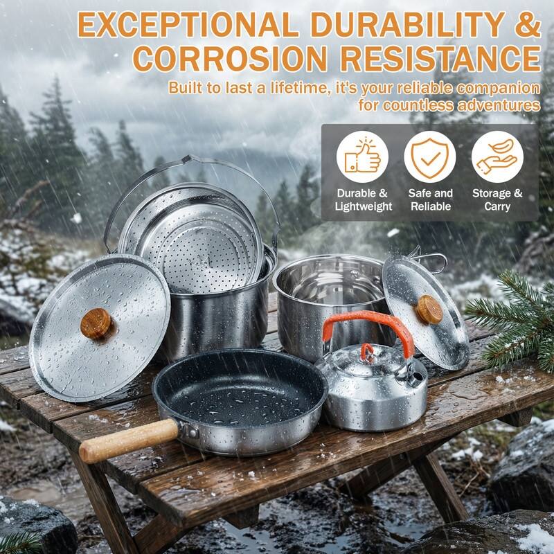 6-Piece Stainless Steel Camping Cookware Set With Kettle And Storage Bag - N/A