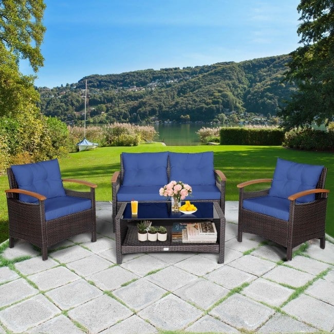 4 Pieces Patio Rattan Furniture Set with Cushioned Sofa and Storage Table - 46.5" x 23.5" x 30" (L x W x H)