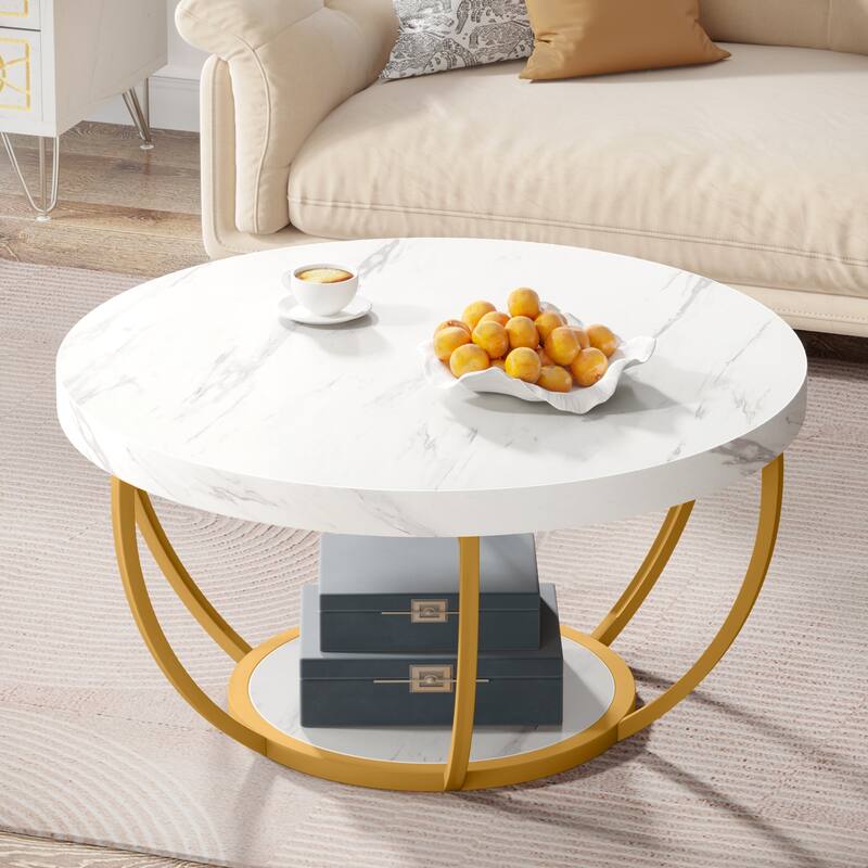 Modern Round Coffee Table, 31.7" 2 Tier Coffee Table with Faux White Marble and Golden Metal Legs, Circle Center Table - White+Gold