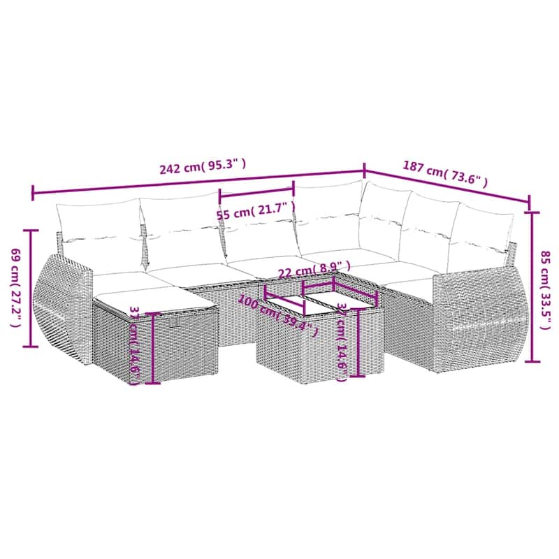 vidaXL Patio Sofa Set with Cushions Outdoor Conversation Furniture Poly Rattan - 24.4" x 24.4" x 27.2"
