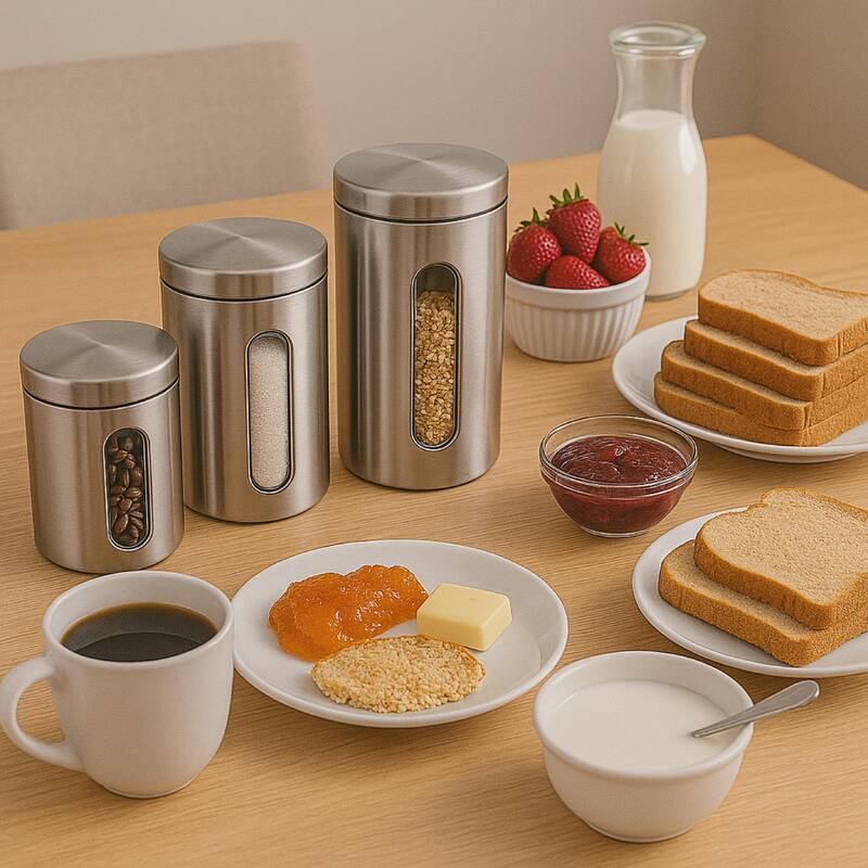 Creative Home Set of 3 Pieces Stainless Steel Canister, Kitchen Storage Jar with Clear See Through Window