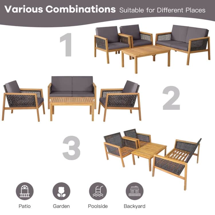 4 Pieces Patio Rattan Furniture Set with Removable Cushions - 30.5" x 48" x 29" (L x W x H)