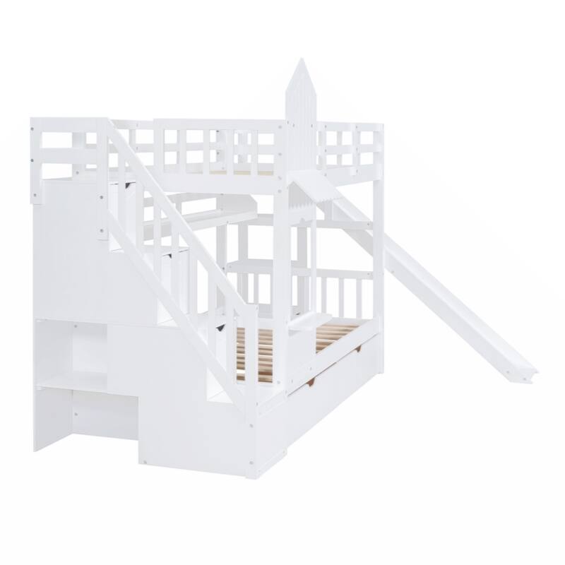 Twin-Over-Twin Castle Style Bunk Bed with 2 Drawers 3 Shelves and Slide