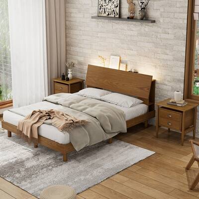 Mid Century 3 Pieces Bedroom Sets Bookshelf Platform Queen Bed With Two Nightstands