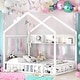 preview thumbnail 1 of 9, Wooden Full Size House Bed with Roof and Storage Shelf, Kids Bed with Fence, White
