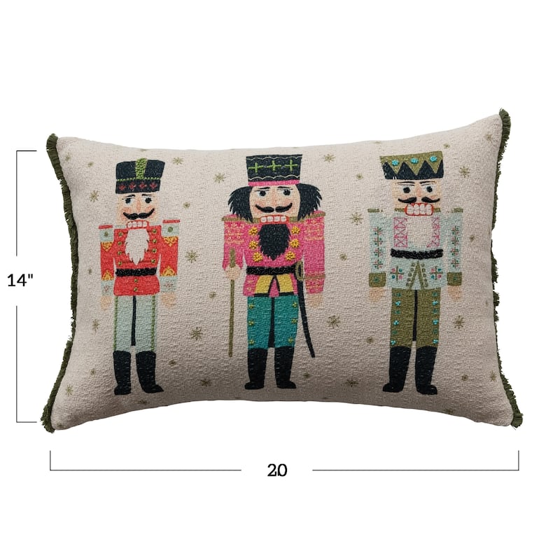 Cotton Slub Printed Lumbar Pillow with Nutcrackers, Beads and Eyelash Fringe