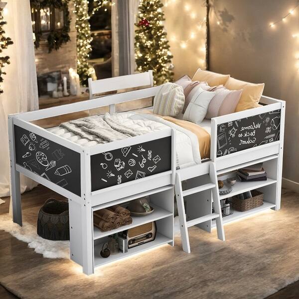 slide 2 of 26, Elegant Twin Size Low Loft Bed with Two Movable Shelves and Ladder, with Decorative Guardrail Chalkboard, Space Saving, White White