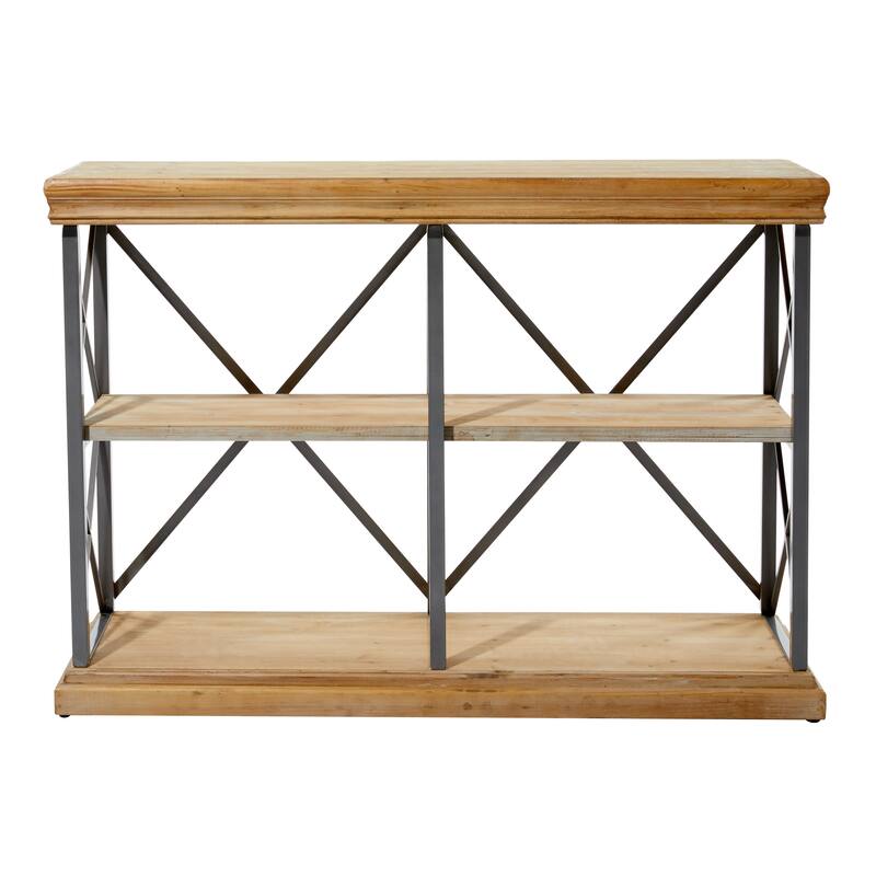 Wood 3 Shelf Shelving Unit with Gray Metal X-Frame - Brown - Roche River Decor