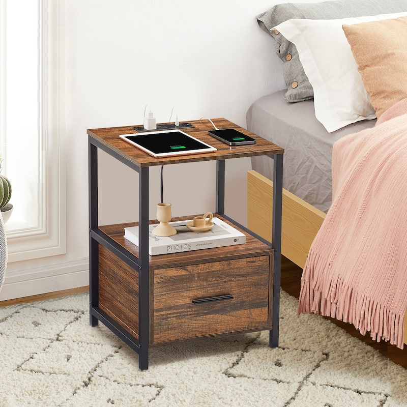 Javlergo Set of 2 Nightstand with Charging Station and Drawers, End Side Tables with Open Storage Shelf