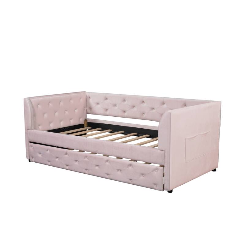 Velvet Twin Daybed with Pull-Out Trundle & Magazine Pocket, Tufted Upholstered Sofa Bed for Small Spaces