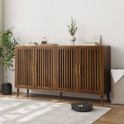 4 Grille-Striped Door Buffet Sideboard Cabinet with Solid Wood Legs