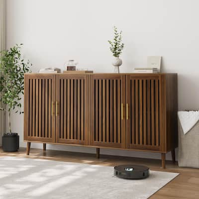 Grille-Striped 4 Doors Sideboard Buffet Cabinet, Accent Storag Cabinet