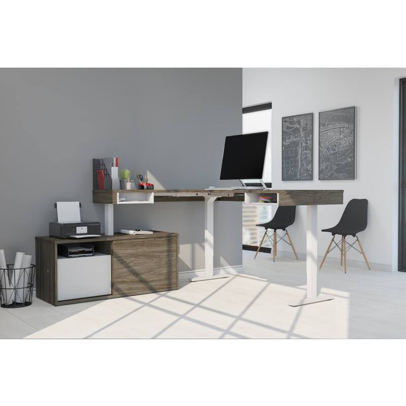 Bestar Pro-Vega 81W L-Shaped Standing Desk with Credenza - Walnut Grey
