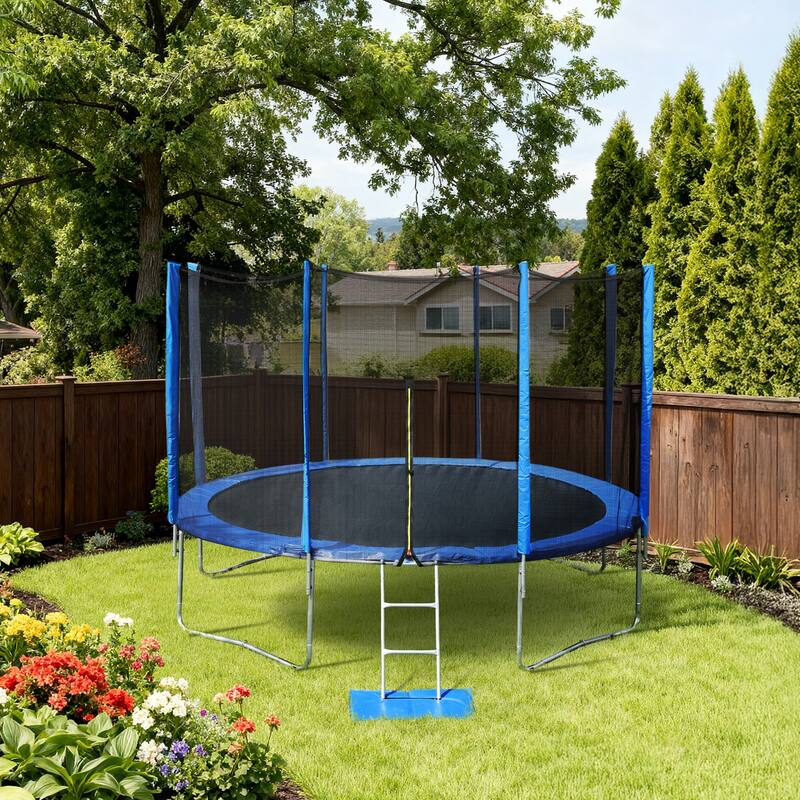 Aoodor Outdoor Trampoline, Recreational Trampoline with Enclosure Outer-Safety Net and Ladder for Kids
