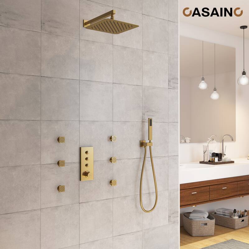 Luxury Thermostatic Shower System 1-Spray Patterns Wall Mount Fixed Shower Head and Handheld Spray with 6 Body Jets - 12" x 12"