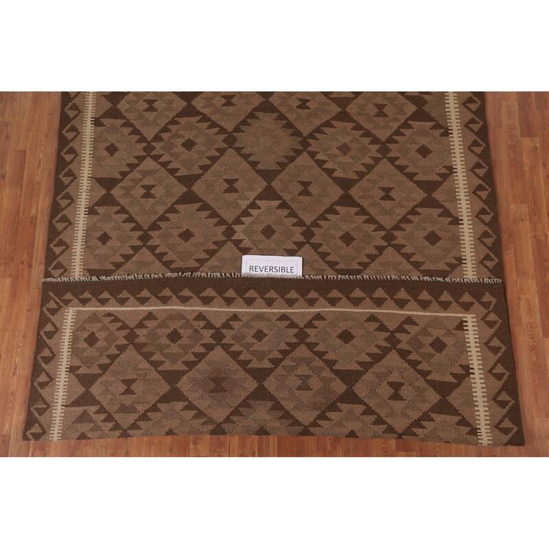 Hand Woven Oriental 100% Wool Carpet Southwestern Geometric Brown Kilim Area Rug - 9' 10'' X 6' 7''