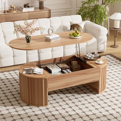 Wood Lift Top Coffee Table with Hidden Storage, 47" Oval Lift Table Top wavy grooves Design Conversation Table