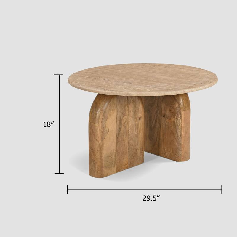 Cid Elis End Table, Beige Marble, Solid Wood Frame, Round 30 Inch Top