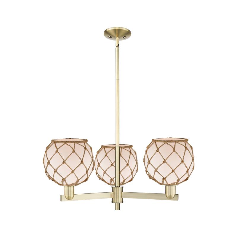 Innovations Lighting Endless Possibilities Arcadia - Farmhouse Rope - 3 Light 30" Stem Hung Chandelier - Antique Brass/White Glass with Brown Rope