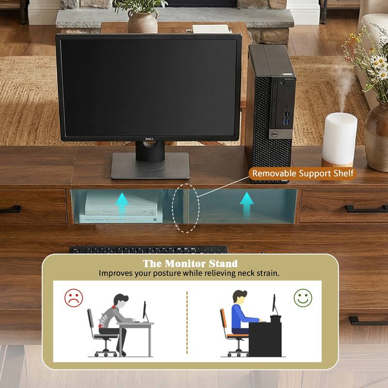 55" Farmhouse Office Desk with Storage Cabinet & Charging Station, Barn Door Design Computer Writing Desk