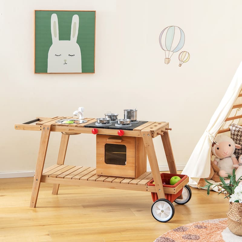 Costway Kid's Play Trolley Outdoor Wooden Kids Play Cart with Sun - See Details