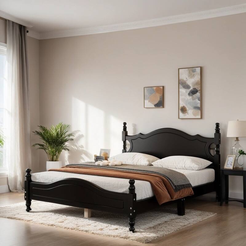 Retro Style Queen Size Wood Platform Bed Frame Platform Bed with Wooden Slat Support, Black