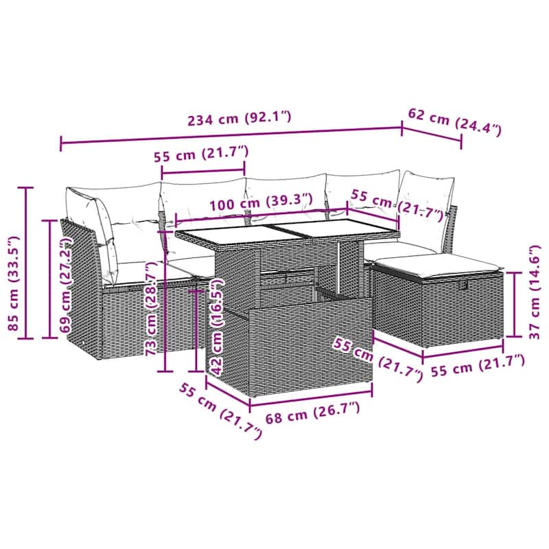 vidaXL Patio Sofa Set with Cushions Outdoor Furniture 6 Piece Poly Rattan - 21.7 x 39.4 x 28.7 in