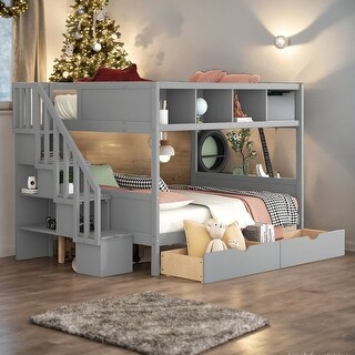 Twin over Full Bunk Bed With Shelfs,Storage Staircase and 2 Drawers