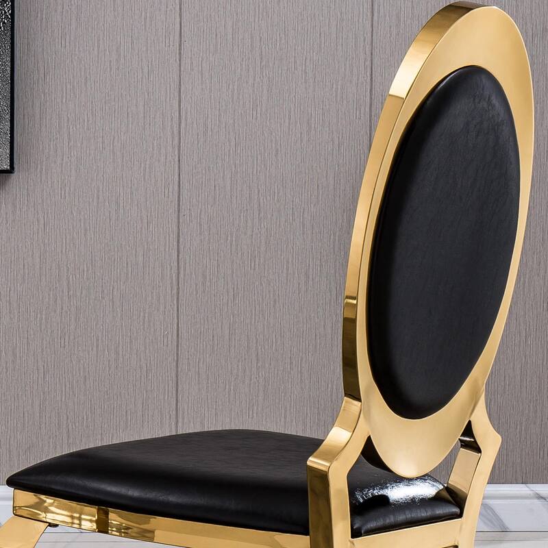 Leatherette Dining Chair with Oval Backrest Set of 2, Stainless Steel Legs - Black