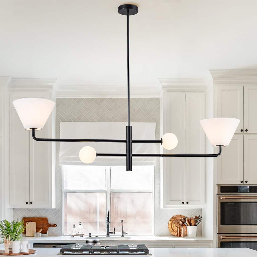 Modern 4-Light Dining Pendant with Cone Fabric Shades and Opal Glass Globes - Black