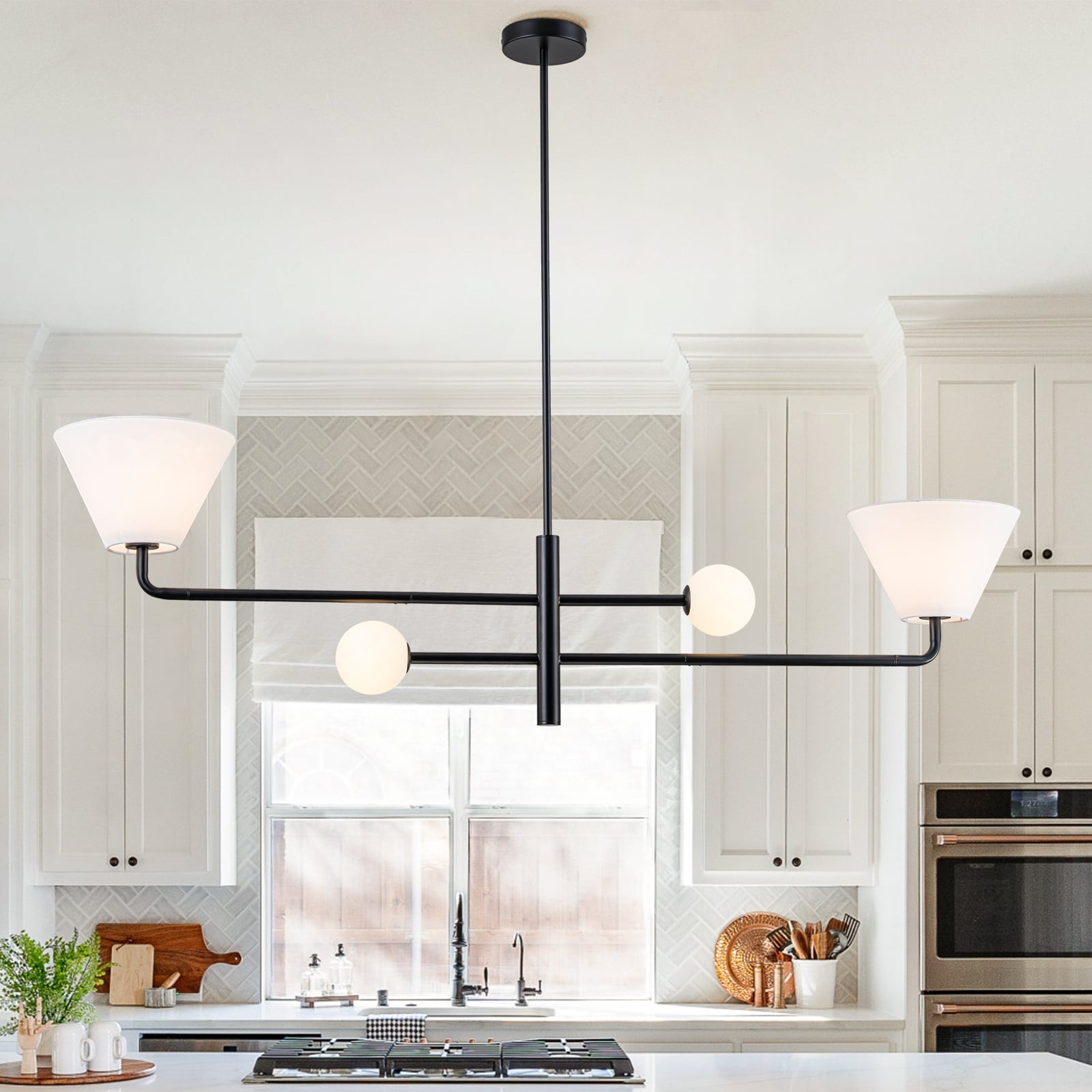 Modern 4-Light Dining Pendant with Cone Fabric Shades and Opal Glass Globes - Black