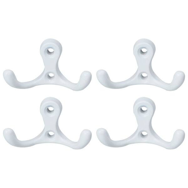 Dual Hooks Zinc Alloy Scarf Double Robe Hook Clothes Holder w Screws 4pcs, White - 4pcs