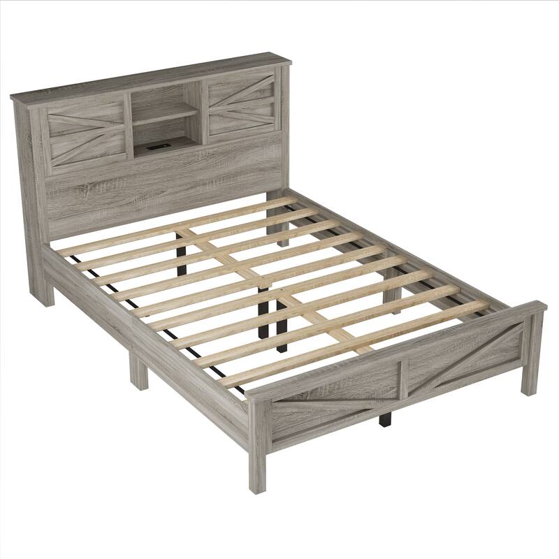 Double Sliding Barn Door Storage Headboard Wood Platform Bed Frame, Charging Station Bookcase Bed, Low Profile Bed