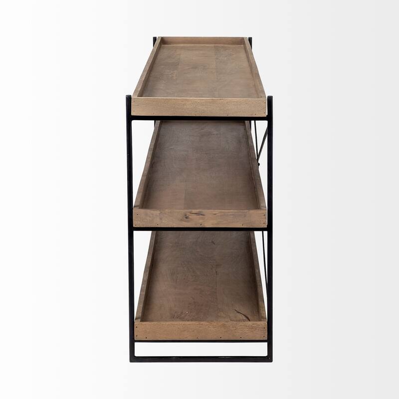 HomeRoots 80" Light Brown and Black Solid Wood and Iron Console Table With Two Shelves - 16