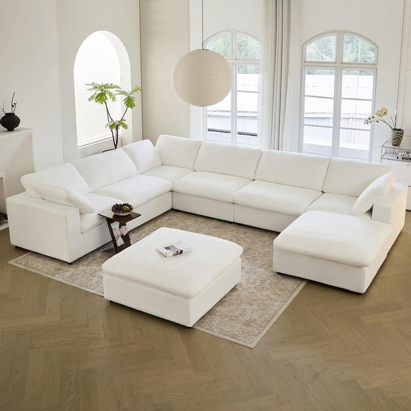 Lesly Free Assembly Sofa Feather Filled Comfort Sofa - 6Seaters+2Ottomans - White