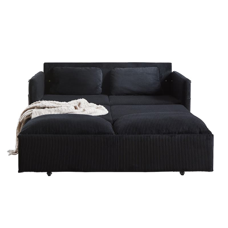 65" Corduroy 3-in-1 2-Seater Sleeper Sofa with Loveseat Side Storage Pocket, High-Density Sponge Cushions