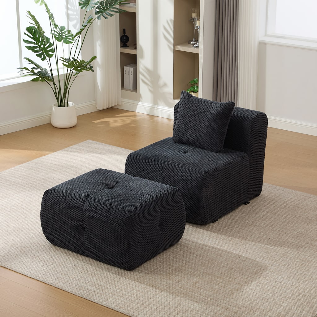 Modern Upholstered Accent Chair with Pillow and Ottoman,No Assembly Required