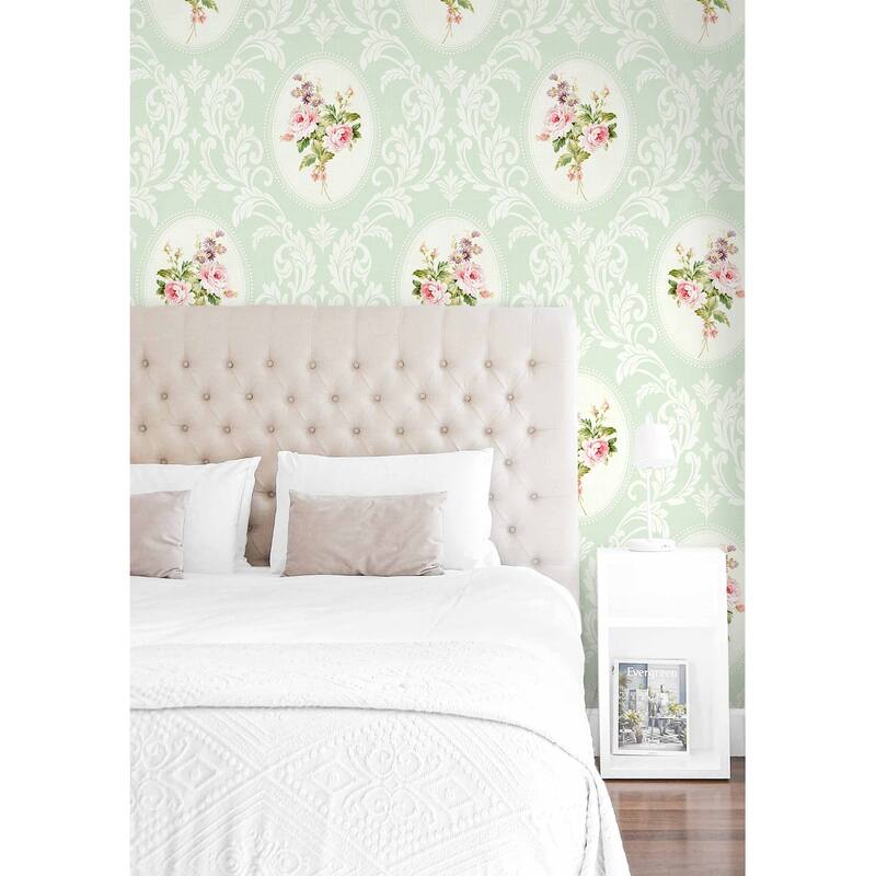 Seabrook Designs Francesca Framed Bouquet Damask Unpasted Wallpaper