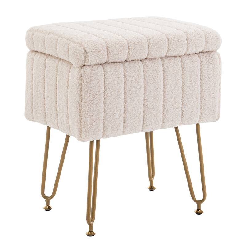 Set of 1 Lamb Wool Fabric Upholstered Storage Ottoman with Matte Golden Legs