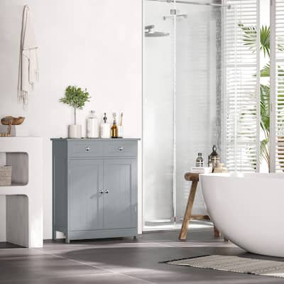 kleankin Freestanding Bathroom Storage Cabinet Organizer Floor Tower with 2 Door, 2 Drawers, Adjustable Shelf, Grey