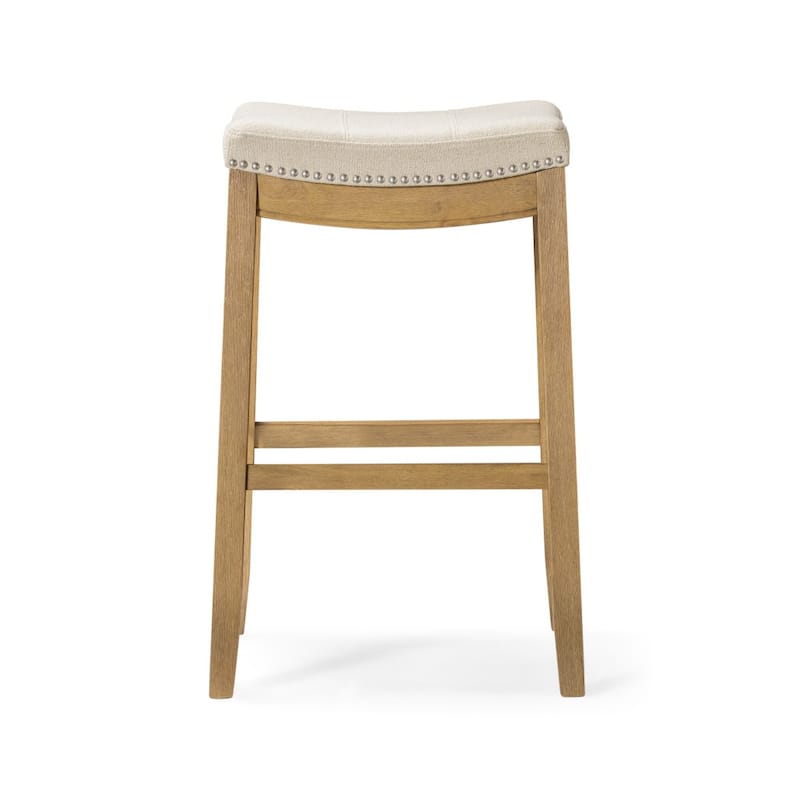 HomeRoots 31" Bone and Natural Faux Leather and Solid Wood Backless Bar Height Bar Chair