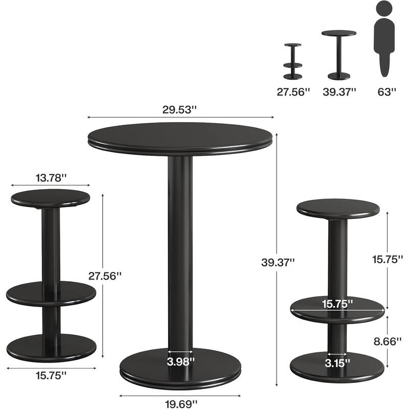39.4" H Round Bar Table and Chairs Set, Modern Pub Table with 2 Barstools - 29.5" L × 29.5" W × 39.4" H