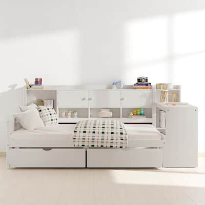 Space-Saving L-Shaped Daybed with Seven Storage Cabinets, Two Drawers, and Adjustable Study Desk