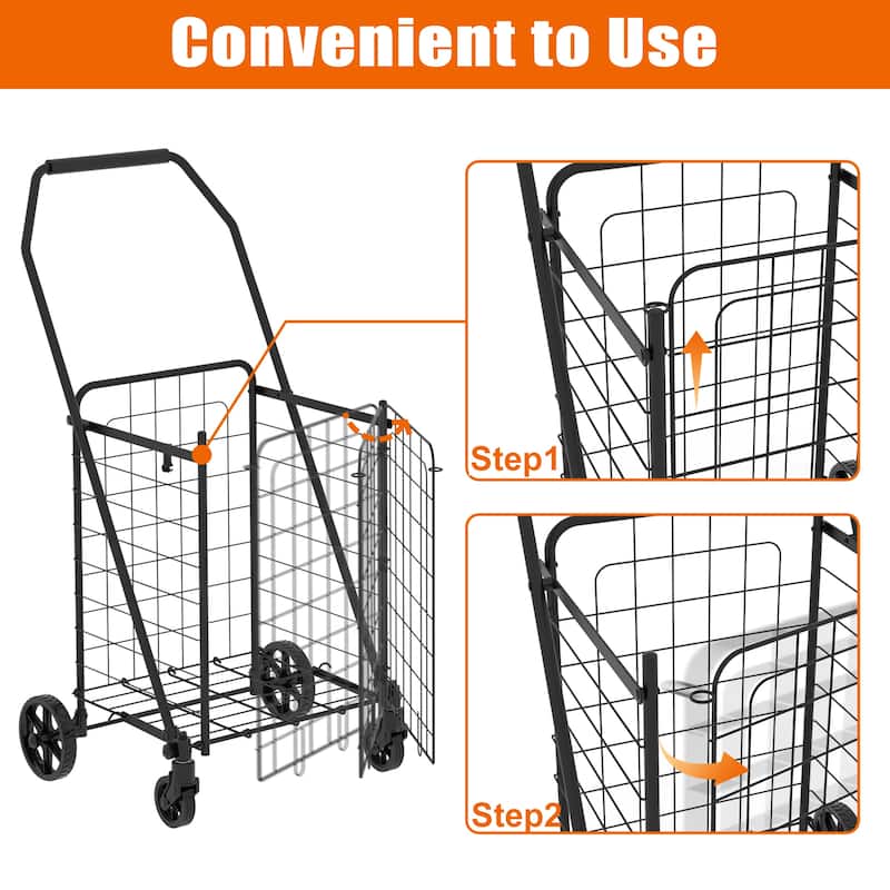 Foldable Shopping Cart with Open Door & 360 Rolling Swivel Wheels