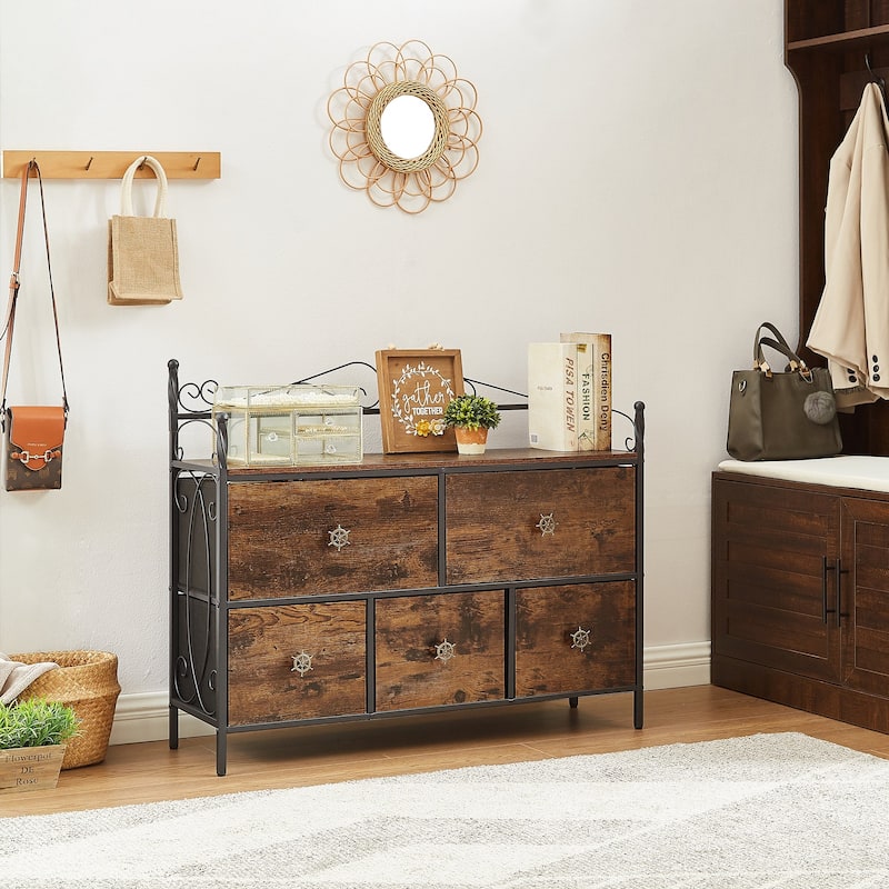 4-Pieces Bedroom Set with Drawer and Nightstands Set of 2, 5-Drawer Dresser, Brown/Grey Set