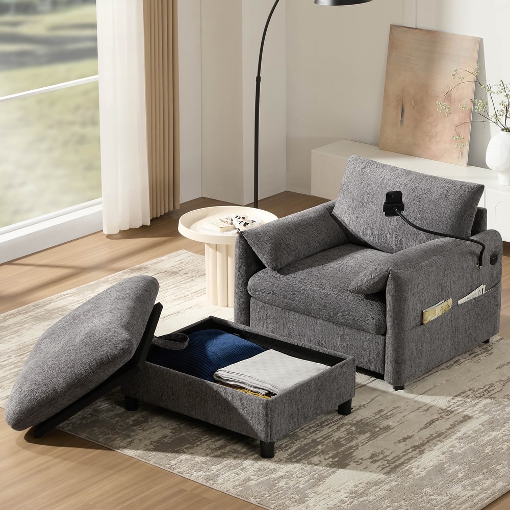 38" Chenille Storage Sofa with Ottoman - Features USB Charger, Phone Holder & Side Pockets for Living Room