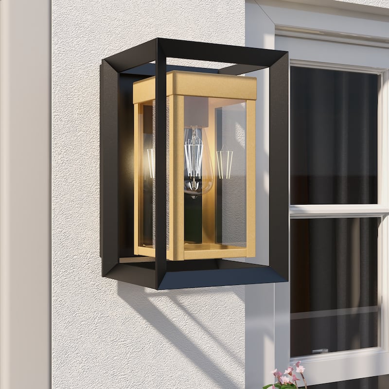 4PK-1 Light Outdoor Wall Lantern with Clear Glass - Black & Golden