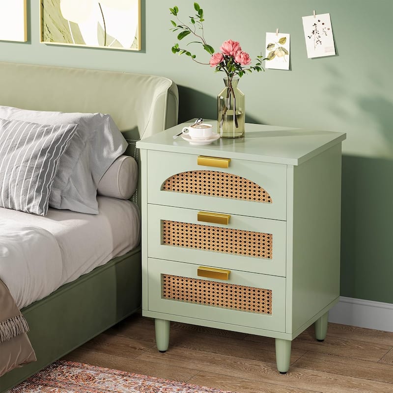 Rattan Nightstand, 3-Drawer Storage Bedside/End Table for Bedroom, Living Room, Sofa Side & Office