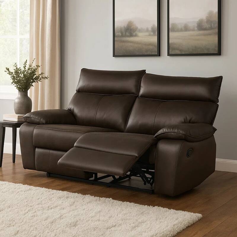 Ozy Manual Recliner Loveseat, 64 Inch, Contemporary Brown Grain Leather