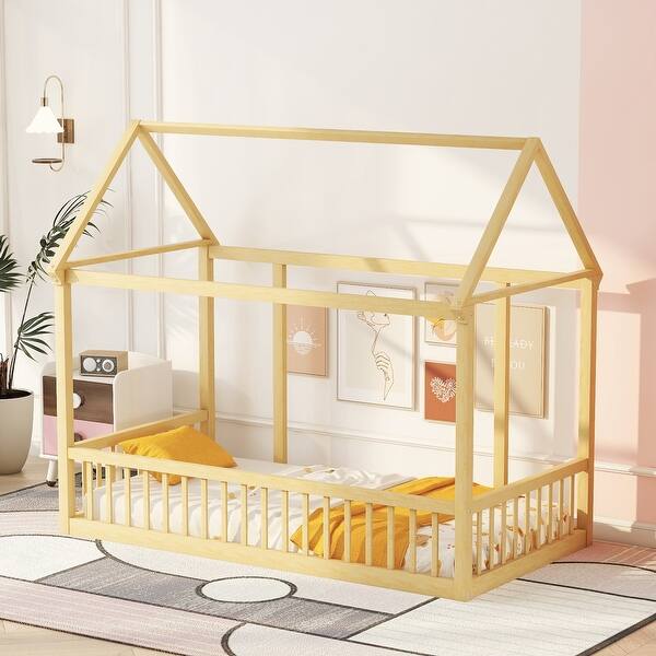 slide 2 of 10, Twin Size Floor Wooden Bed with House Roof Frame and Safety Guardrails, Safe and Fun Sleeping Space for Kids, Natural Natural